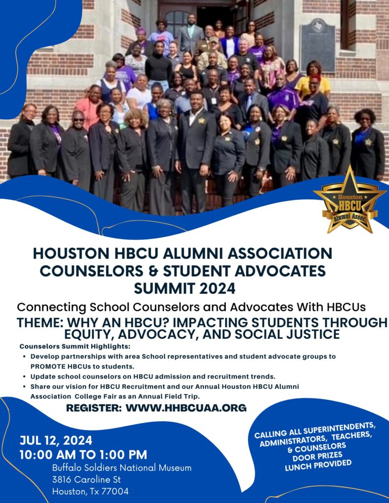 Flyer announcing the Houston HBCU Alumni Association Counselors & Student Advocates summit 2024